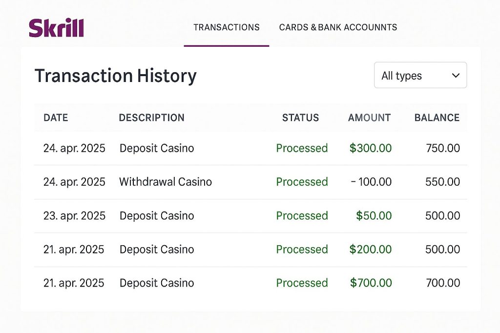 Skrill transaction history page showing recent casino deposits and withdrawals