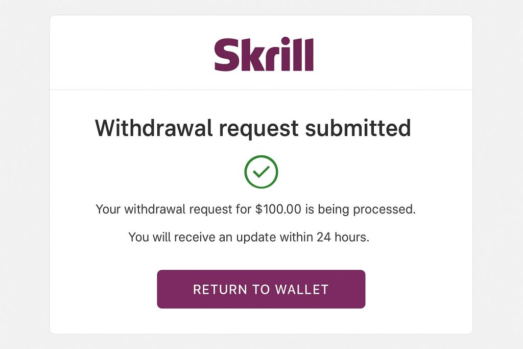 Confirmation page showing withdrawal request submitted