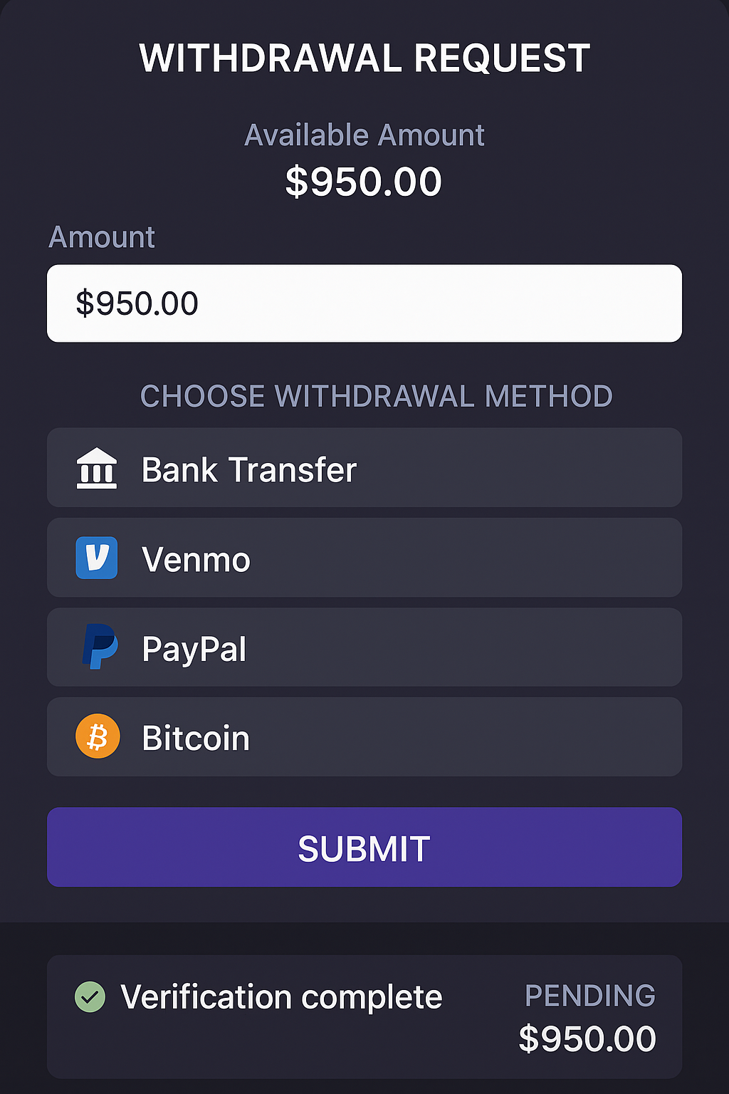 Winnita Casino Withdrawal request form showing available rails