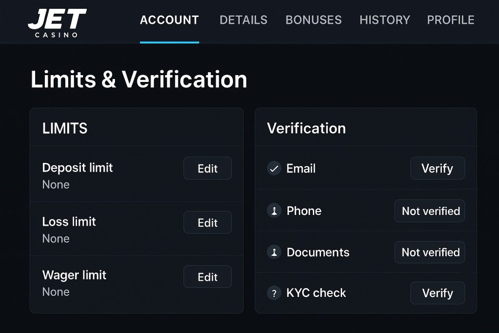 jetcasino limits verification page