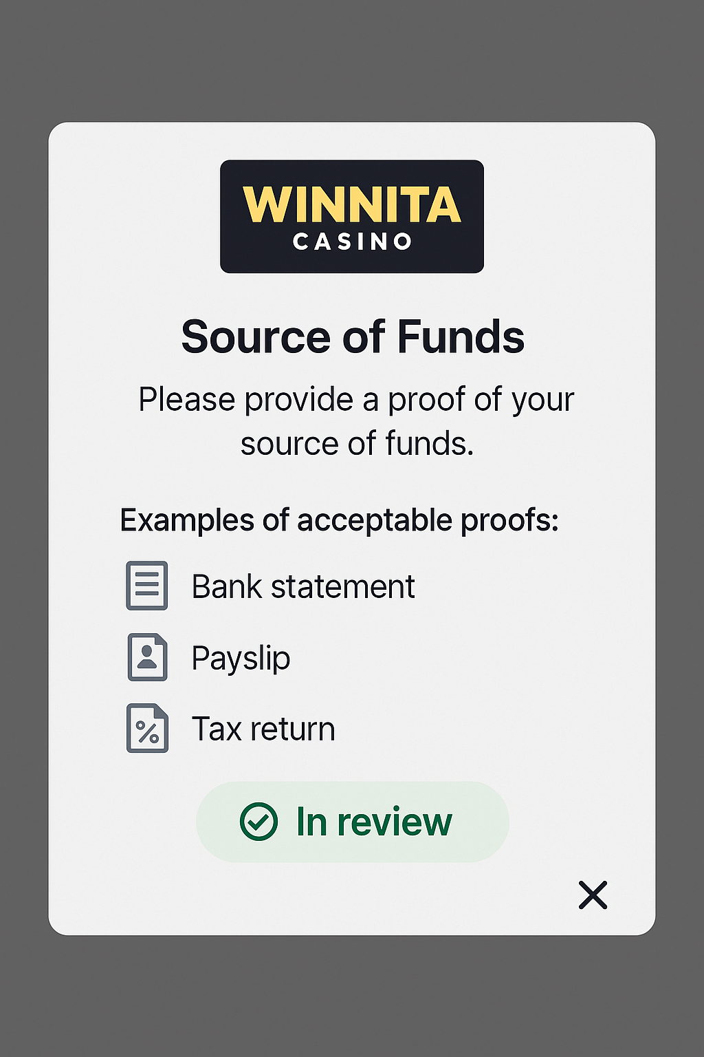 winnita casino Source of Funds