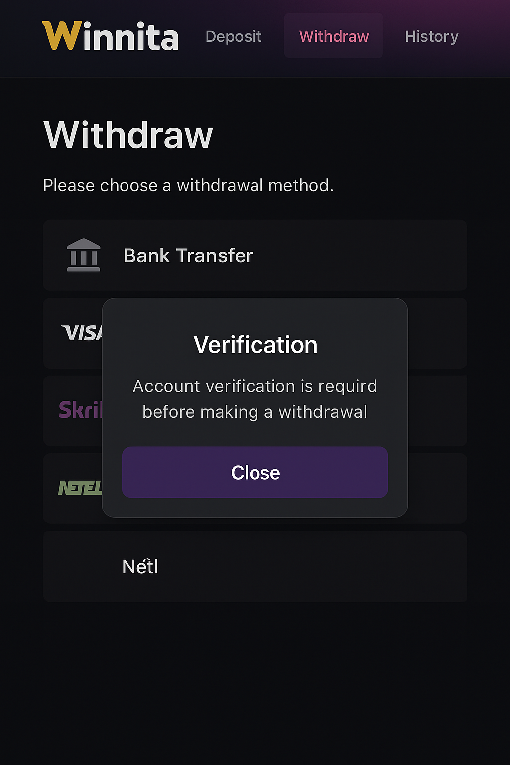 Winnita “Withdraw” screen with method list