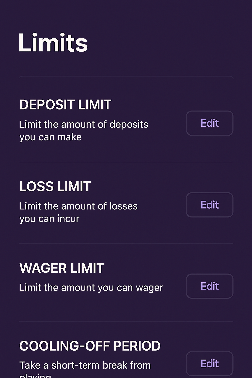 “Limits” or “Responsible Gambling” controls